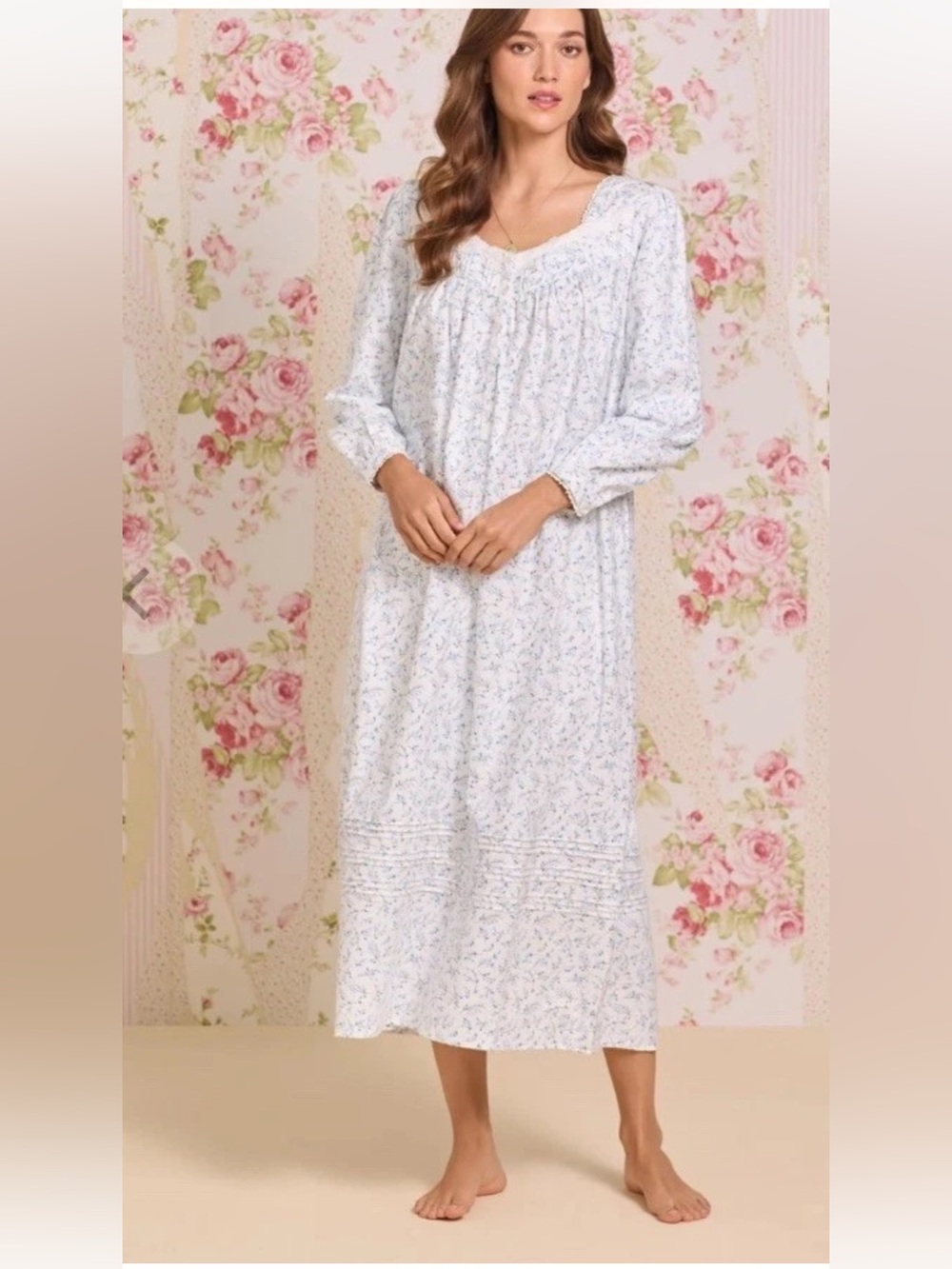 Eileen West Frosted Leaves Cotton Flannel Long Sleeve Ballet Nightgown Size LG